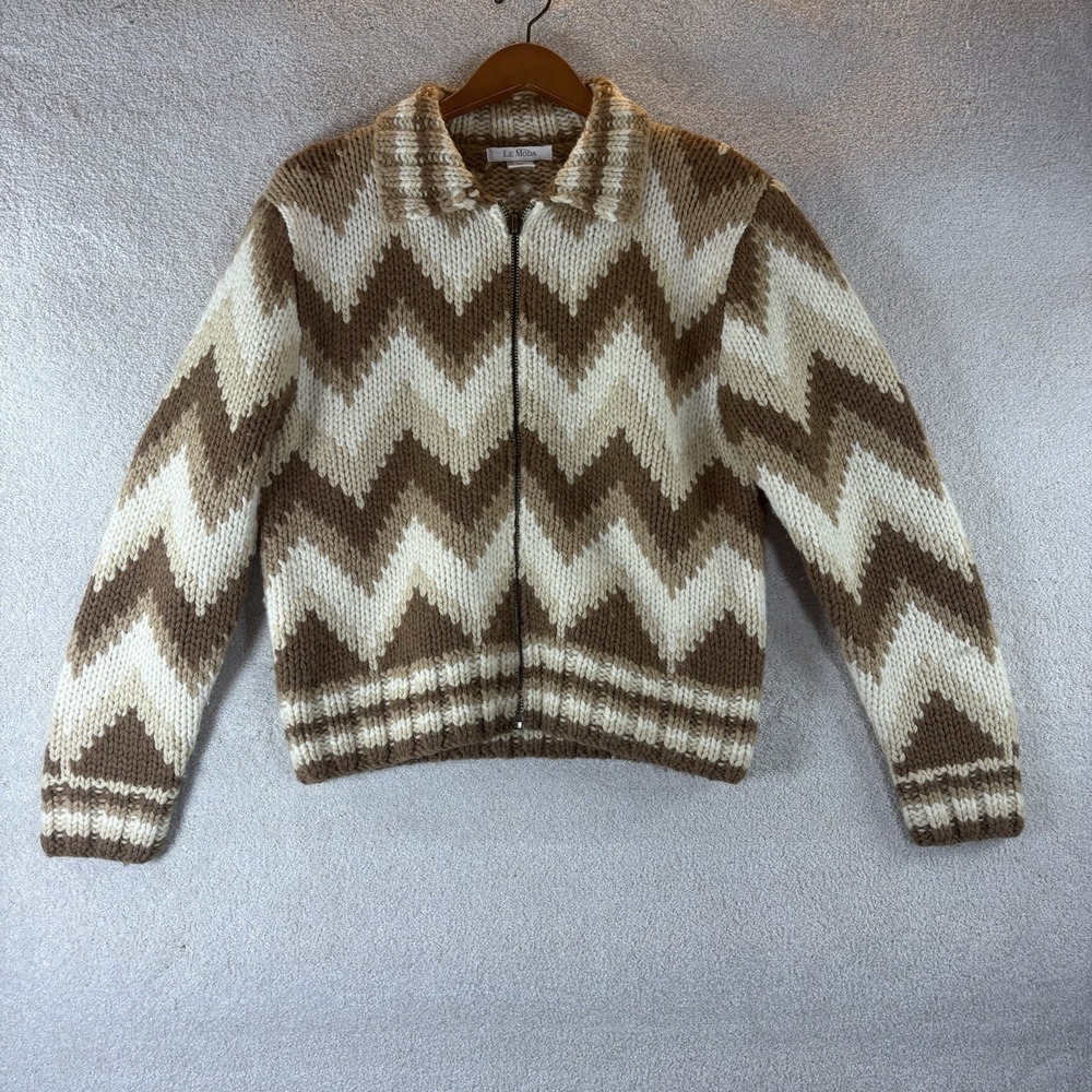 Le Moda 100% Wool 90's Zig Zag Chevron Cardigan Sweater Cream Brown Women's Sz L